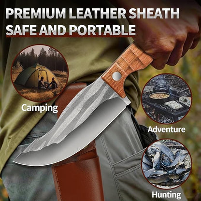 Plys Full Tang Camping Knife,Ergonomic Rosewood Handle, Multi-Tool Outdoor Survival Knife for Precise Stabbing, EDC Lightweight Adventure & Hunting Gear with Leather Sheath