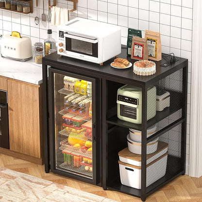 Homieasy Mini Fridge Cabinet with Power Outlet, Coffee Bar Cabinet with Mini Fridge Space, Industrial Liquor Cabinet with Wine Storage & Glass Holder for Dorm, Living Room, Home Kitchen, Black
