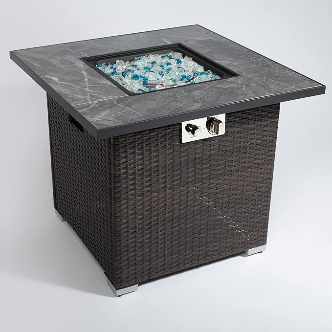 KEIKI 30 Inch Square Gas Fire Pit, Wicker Outdoor Fire Table with Ceramic Top, 50000 BTU Propane Heating for Backyard Courtyard