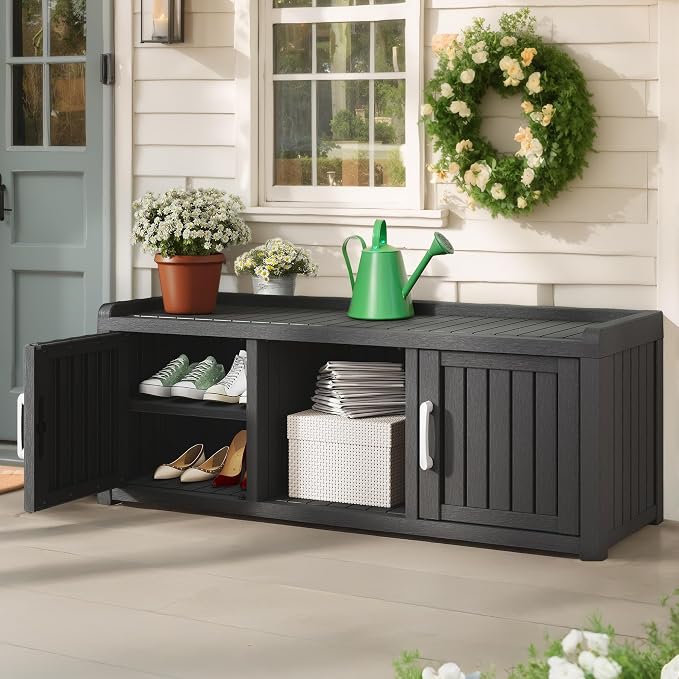 NUNU LAB Resin Shoe Cabinet,Waterproof Shoe Storage Cabinet with Adjustable Shelves,Entryway Storage Bench with Seat,Shoe Bench with Doors for Foyer,Hallway,Living Room (Black, 2-Door Big)