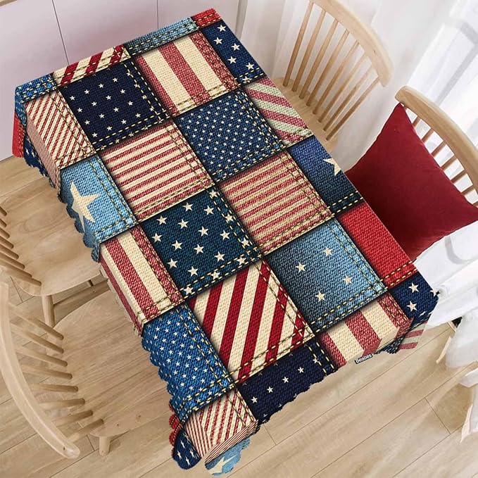 American Flag Tablecloth for Rectangle Tables Denim Patchwork of American Flag Picnic Table Cover Indoor and Outdoor Table Cloth Camping Tablecloths for Dinner Kitchen 52"X70"