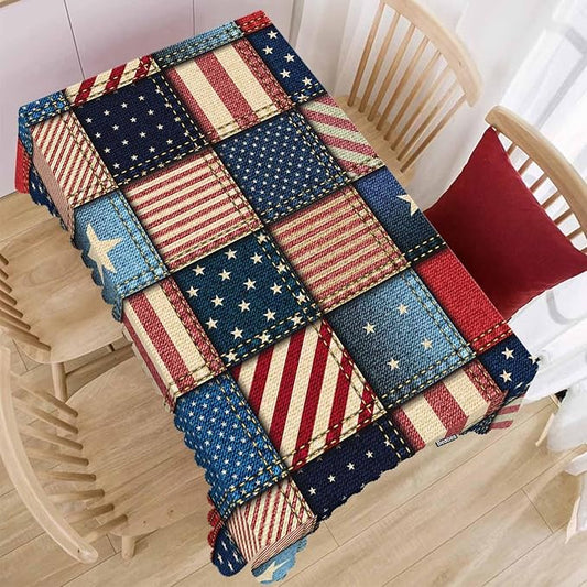 American Flag Tablecloth for Rectangle Tables Denim Patchwork of American Flag Picnic Table Cover Indoor and Outdoor Table Cloth Camping Tablecloths for Dinner Kitchen 52"X70"
