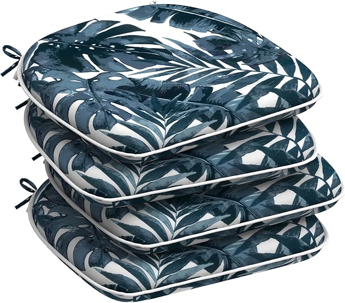 DYTXIII Set of 4 Outdoor Chair Cushions with Ties,Water Repellent Patio Chair Pads 17"x 16" for Outdoor Furniture,Round Corner Seat Cushions for Garden Yard Kitchen Palm Blue