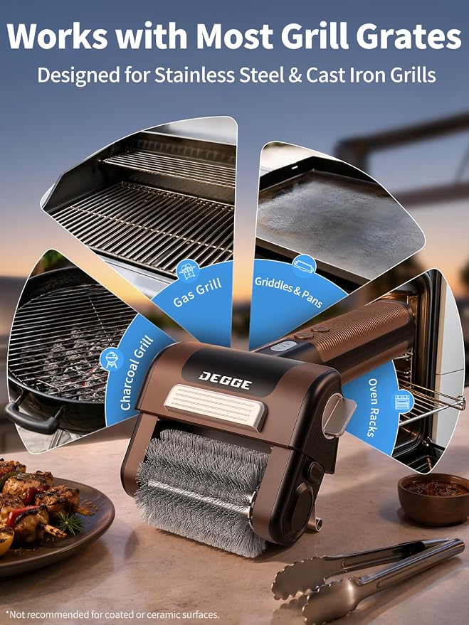DEGGE Electric Grill Brush, Cordless BBQ Grill Cleaner with 4500mAh | Battery, 800RPM High-Torque Motor, Built-in LED Light, 304 Stainless Steel Roller Brush for Uncoated Gas & Charcoal Grills