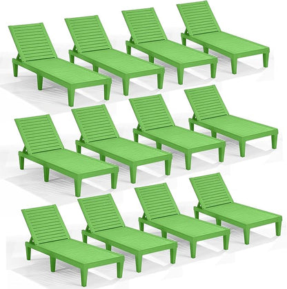 Nestl Sun Tanning Chair - Lime Green Chaise Lounge Chair Outdoor, Lightweight Pool Lounge Chairs Set of 12, Adjustable 5-Position Reclining Lawn Chair, Waterproof Beach Outdoor Lounge Chairs