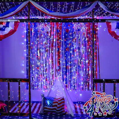YEGUO 66ft 200 LED Red White and Blue Lights, 4th of July Decorations String Lights Plug in Indoor Outdoor, 8 Modes Clear Wire Patriotic Light for Independence Day Holiday Memorial Day Party Decor