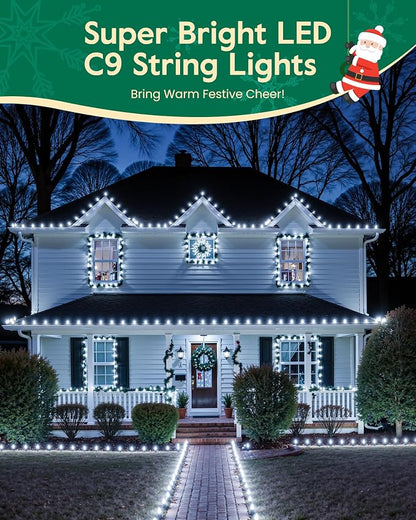 Minetom C9 LED Christmas Lights Outdoor, 81 Feet 100 LED C9 String Lights with 100 Spring Clips, Waterproof Connectable Outside Christmas Decor,White