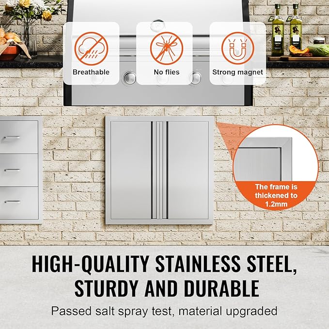 VEVOR BBQ Access Door, 24W x 24H Inch Double Outdoor Kitchen Door, Stainless Steel Flush Mount Door, Wall Vertical Door with Recessed Handles, for BBQ Island, Grilling Station, Outside Cabinet