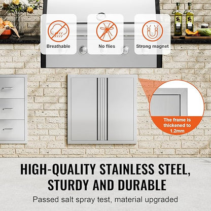 VEVOR BBQ Access Door, 24W x 24H Inch Double Outdoor Kitchen Door, Stainless Steel Flush Mount Door, Wall Vertical Door with Recessed Handles, for BBQ Island, Grilling Station, Outside Cabinet