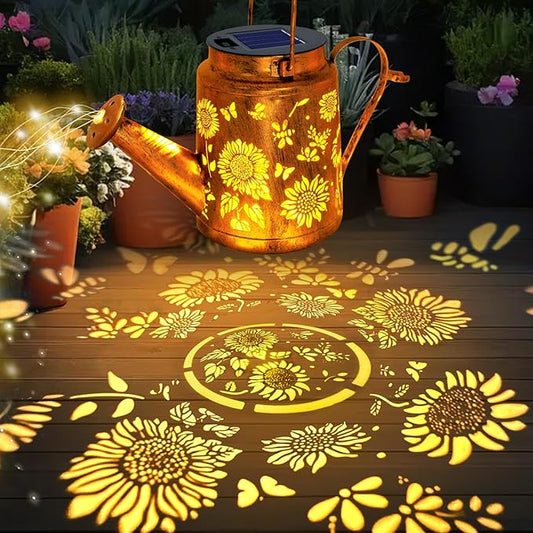 Solar Lights Outdoor Waterproof, Sunflower Solar Watering Can Lights with Shepherd Hook, Birthday Gifts for Mom Grandma Women Mother's Day, Metal Hanging Lantern Garden Decor Yard Outside Patio Lawn