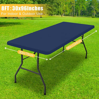 Rectangle Table Cloth, Waterproof Elastic Fitted Tablecloth for 8 Foot Folding Tables, Washable Polyester Tablecloths for Picnic, Camping, Outdoor (Navy Blue, 30"x96")