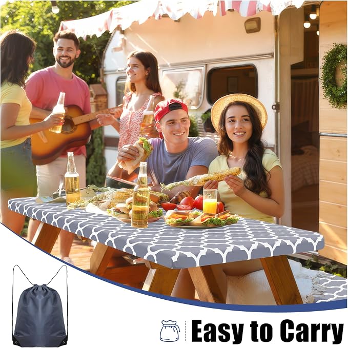 Smiry Picnic Table Cover with Bench Covers, Waterproof Elastic Fitted Tablecloth for 8 Foot Tables, Washable Polyester Tablecloths for Camping, Indoor & Outdoor (Grey, 30x96 Inch 3-pc Set)