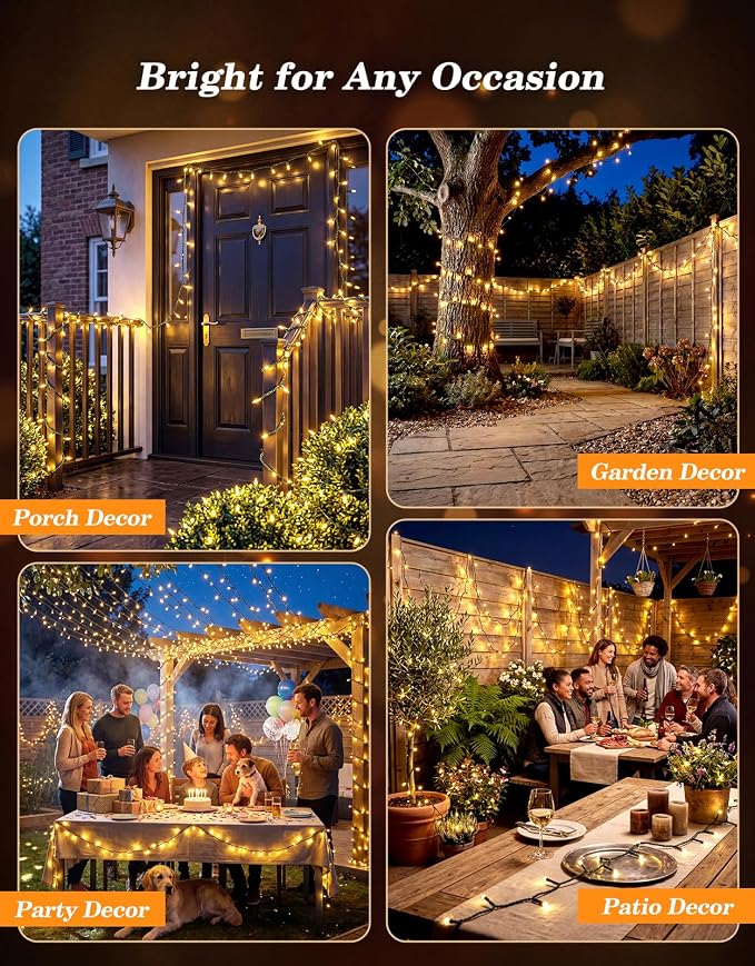 LitHome 2 Pack Solar String Lights Outdoor with Remote, Total 200LED 66FT | Solar Christmas Lights Outside Waterproof, 8 Modes String Light for Xmas Patio Garden Party Yard Tree Decor, Warm White