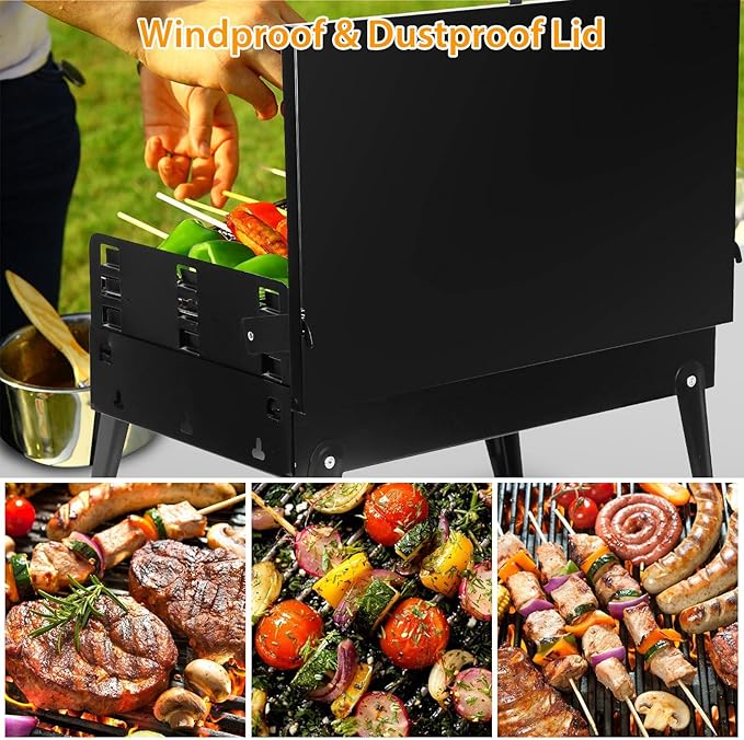 TeqHome Portable Charcoal Grill, Small BBQ Grill Outdoor Folding Barbecue Grill with Barbecue Accessories & Lid, Foldable Camping Grill for Outdoor Cooking Camp Picnic Hiking Beach Patio Smokers