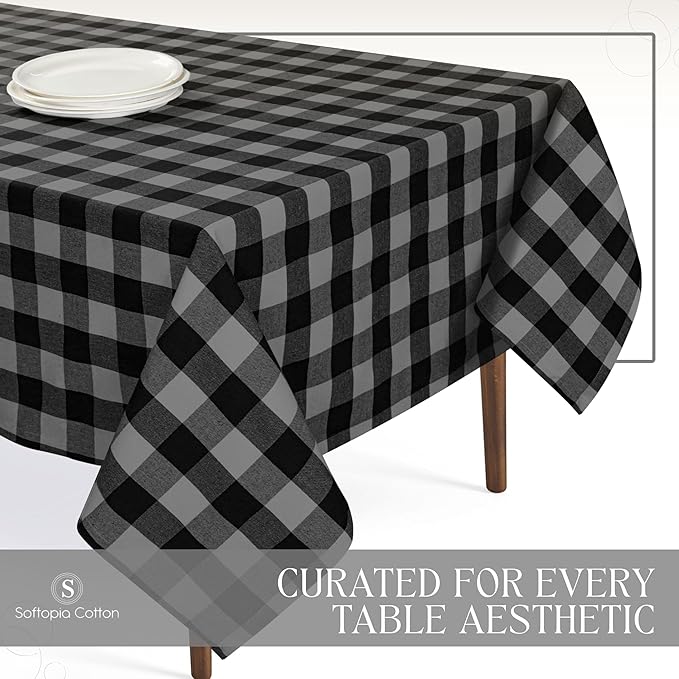 Premium Buffalo Plaid Tablecloth (60x102) - 100% Cotton Checkered Table Cover - Farmhouse Style, Washable Linen for Holiday Hosting, Dinner Parties, Family Dining, Light Grey & Black