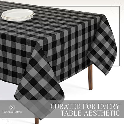 Premium Buffalo Plaid Tablecloth (60x102) - 100% Cotton Checkered Table Cover - Farmhouse Style, Washable Linen for Holiday Hosting, Dinner Parties, Family Dining, Light Grey & Black