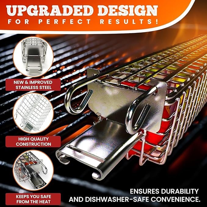 ORIGINAL XL Kabob Grilling Basket Set of 4 with Detachable Handle. UPGRADED DESIGN - New & Improved Stainless Steel Construction with Larger Capacity (12 x 2 x 2) for Outdoor Grilling by Kabob King (With Apron/Storage)