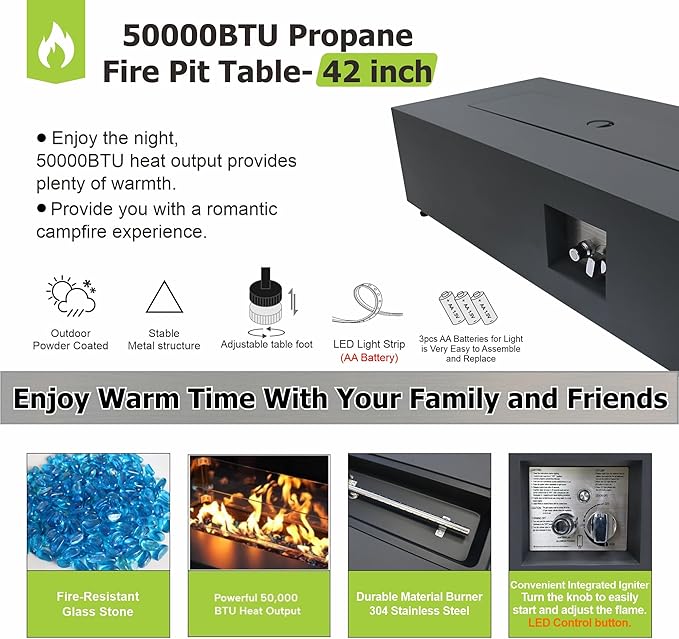 SUNPEAK 42" Propane Fire Pit Table with LED Light - 50,000 BTU with Wind Guard, Lid, Rocks and Cover - Propane Fireplace Table - Gas Fire Pits for Patio and Deck (Black/Golden Light, 42" LED)