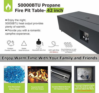 SUNPEAK 42" Propane Fire Pit Table with LED Light - 50,000 BTU with Wind Guard, Lid, Rocks and Cover - Propane Fireplace Table - Gas Fire Pits for Patio and Deck (Black/Golden Light, 42" LED)