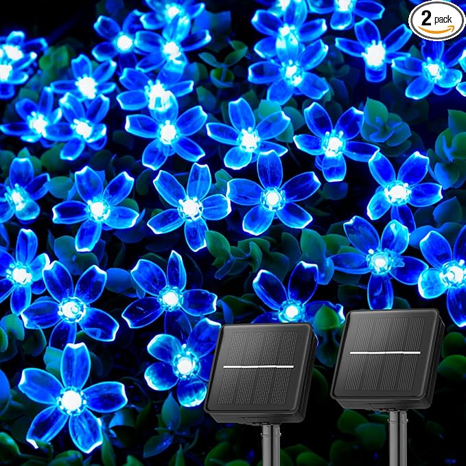 Brightown 2 Pack Total 52FT 120 LED Solar Flower String Lights for Outside Waterproof Fairy Lights for Garden Yard Fence Patio Christmas Tree Wedding Party Decor, Blue
