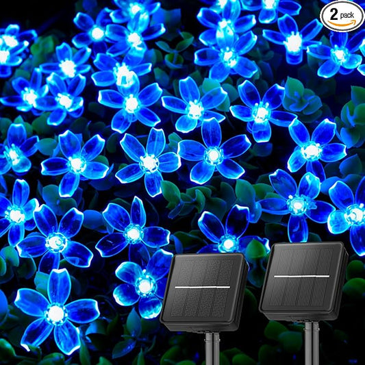 Brightown 2 Pack Total 52FT 120 LED Solar Flower String Lights for Outside Waterproof Fairy Lights for Garden Yard Fence Patio Christmas Tree Wedding Party Decor, Blue