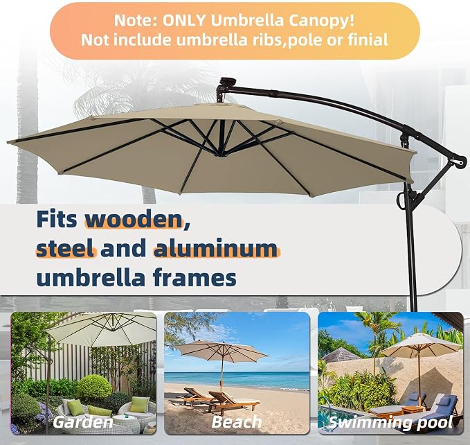 10ft Patio Umbrella Replacement Canopy for 8 ribs, Fits Hanging Offset Cantilever Market Outdoor Patio Shades，Canopy Only