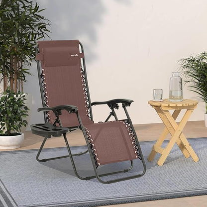 SereneLife Zero Gravity Lounge Chairs Set of 2, Adjustable Outdoor Recliners with Lockable Positions, Side Table Cup Holders, Padded Headrest Pillows, Foldable Steel Frame Patio Chairs (Brown)