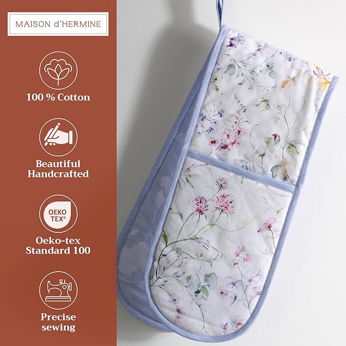 Maison d' Hermine Double Oven Mitts 100% Cotton 7"x35" Double Oven Mitt Heat Resistant BBQ Cooking Gloves with Loop Baking Grilling Kitchen Hotel Home Farmhouse Spring Summer (Summer Floral)