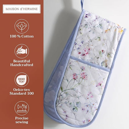 Maison d' Hermine Double Oven Mitts 100% Cotton 7"x35" Double Oven Mitt Heat Resistant BBQ Cooking Gloves with Loop Baking Grilling Kitchen Hotel Home Farmhouse Spring Summer (Summer Floral)