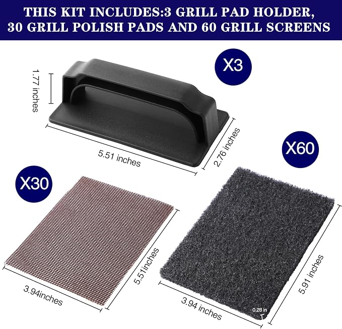 Reallnaive 93 Pcs Griddle Cleaning Kit for Flat Top Grill,Black | Screen Holder, Grill Screens Cleaning Pads, Heavy Duty Abrasive Mesh Pads for Cast Iron, Stainless Steel Griddle Cleaner