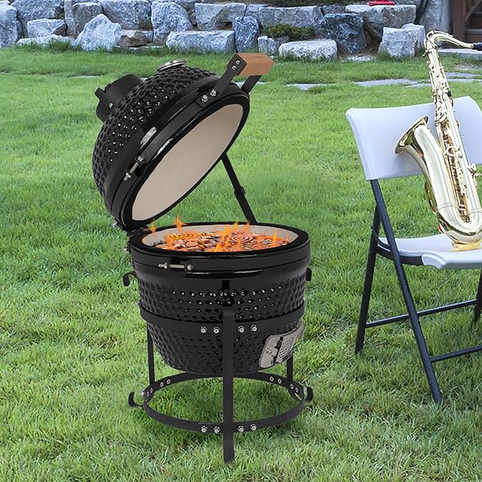 13" Ceramic Grill Round Portable Charcoal Barbecue Grills with Thermometer, Compact BBQ Grill for Garden Backyard Party Picnic Hiking Travel Outdoor Cooking Use, Easy to Assemble, Black