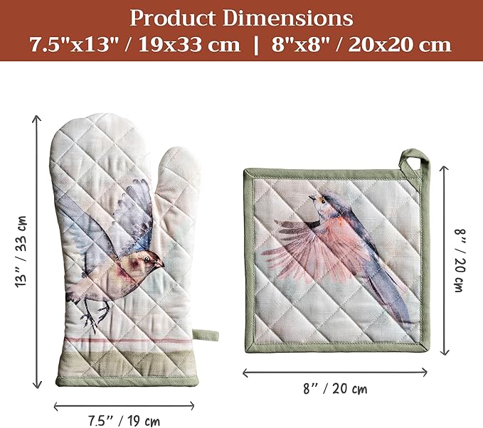 Maison d' Hermine 100% Cotton Oven Mitt & Pot Holder Set (7.5"x13" & 8"x8") Heat Resistant BBQ Cooking Gloves with Loop Baking Grilling Kitchen Hotel Home Farmhouse Spring Summer (Flying Birds)
