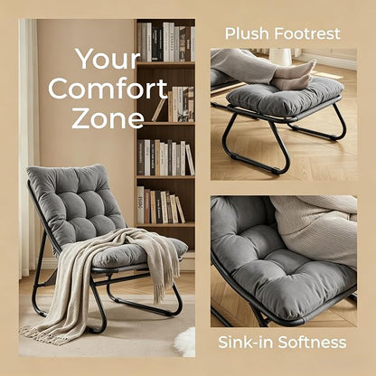 Rocking Chair with Ottoman, Modern Metal Frame Outdoor Rocker, Comfy Patio Lounge Chair with Footrest, Reading Glider Chairs for Living Room, Bedroom, Balcony, Garden, Relax, Grey