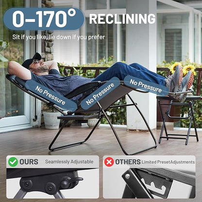 Timber Ridge Oversized Zero Gravity Chair, 33In Wide XXL Zero Gravity Reclining Chair with Side Table, Full Padded Lounge Chair for Outdoor Camping Patio Lawn, Heavy Duty Supports 500lbs, Grey-1 Pack