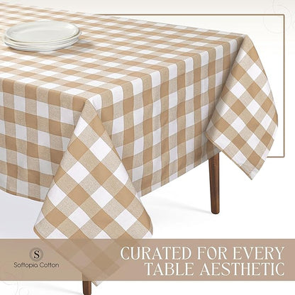 Beige and White Buffalo Check Tablecloth, 60x84 Inches, Plaid Table Cover, 100% Cotton, Washable, Reusable Farmhouse Table Linen for Holiday, Thanksgiving, Weddings, Everyday Dining