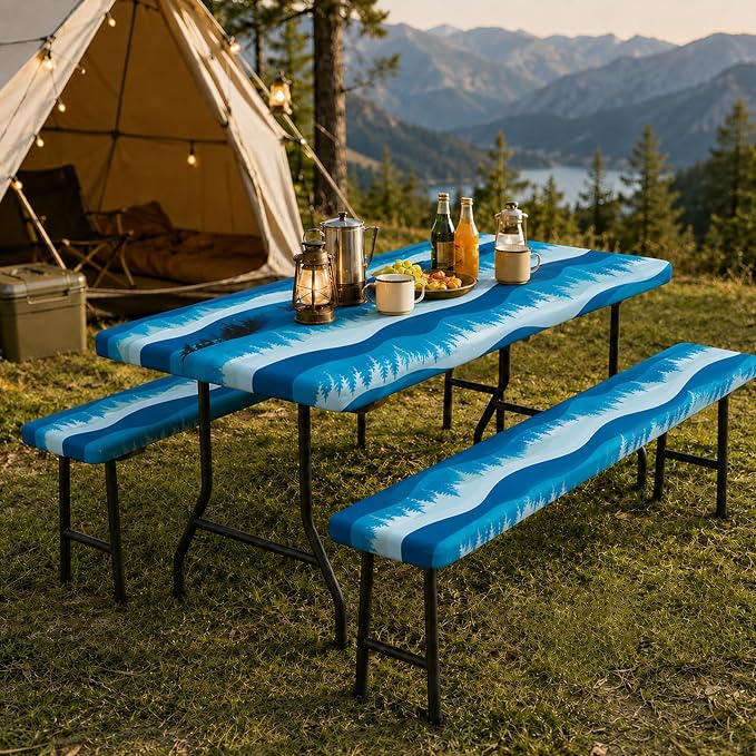 Emwwat Picnic Table Cover with Bench Covers, Waterproof Elastic Corner Fitted Tablecloth for 6 Foot Rectangle Tables, Washable Camping Table Cover Set for Picnic Outdoor BBQ (Blue, 72in)