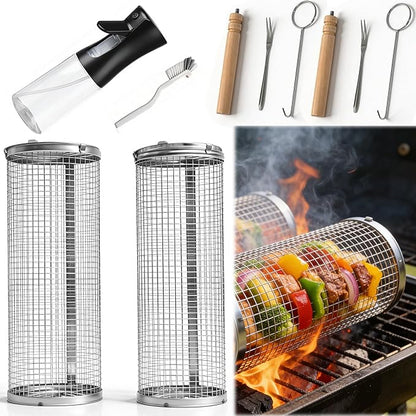 2pcs rolling grill baskets,304 Stainless Steel Grill Cage, Removable Handles,vegetable grill basket,meat smoker accessories,bbq accessories for grilling baskets,bbq tools—presents for men and Women