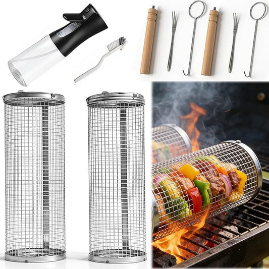 2pcs rolling grill baskets,304 Stainless Steel Grill Cage, Removable Handles,vegetable grill basket,meat smoker accessories,bbq accessories for grilling baskets,bbq tools—presents for men and Women
