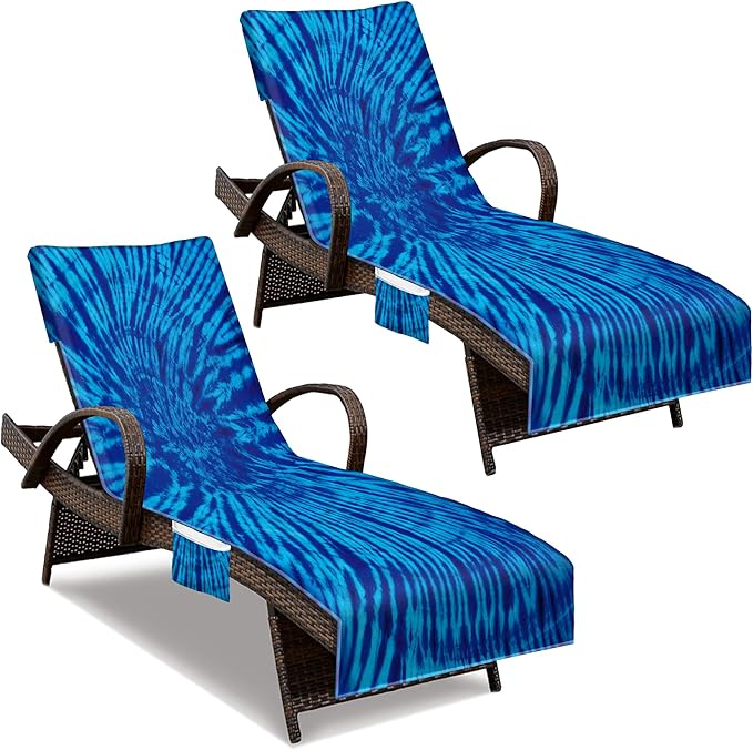 Beach Chair Cover with Side Pockets (1Pc), Thick and Quick Dry Lounge Chair Towel Cover for Sun Lounger Pool Sunbathing Garden Beach Hotel, No Sliding,Blue Tie Dye