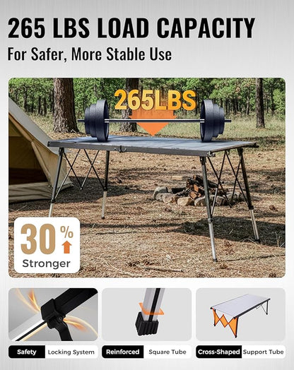 KingCamp Folding Camping Table Foldable, 55.1" x27.6" Aluminum Roll Up Table with Adjustable Height 6-7 Person Large Camp Tables Outdoor with Carrying Bag for BBQ, Patio, Picnic Loads 265 Lbs