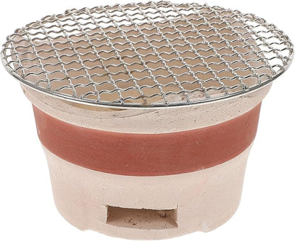 Portable Mini Charcoal Bbq Oven with Pottery Stove and Grill Net, Outdoor Korean Style Barbecue Stove for Camping and Patio Cooking, Brown Vintage Ceramic Grilling Tool Set