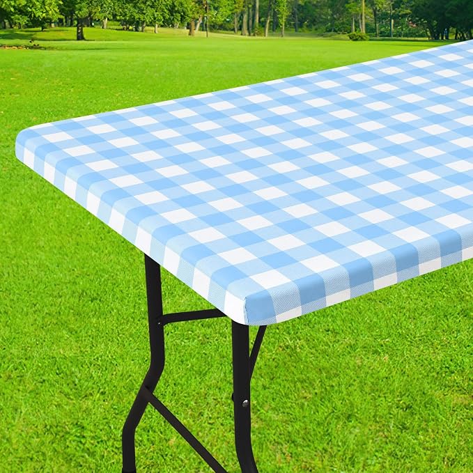 Smiry Rectangle Picnic Table Cloth, Elastic Waterproof Fitted Vinyl Tablecloths, Flannel Backed Buffalo Plaid Table Covers for Dining, Camping, Outdoor (Baby Blue and White, 30" x 96")