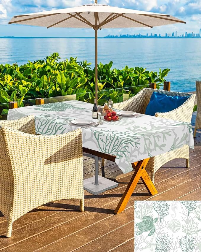 Sage Green Coastal Outdoor Tablecloth - 60x102 Inch Rectangle Waterproof Dining Table Cover, Sea Turtle Nautical Coral Beach Starfish Outdoor Table Cloth with Umbrella Hole&Zipper for Patio