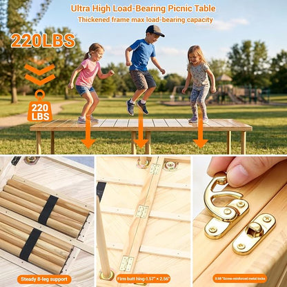 60"x30" Portable Boho Wooden Low Folding Picnic Table for Indoor Outdoor | Comes with Table Runner, Stable 8-leg Support & Thickened Structure, Thick Painted Tabletop Easy to Wipe, Fits 4-6 People