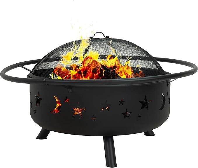 Sunnydaze Cosmic 42-Inch Large Outdoor Fire Pit - Wood-Burning Firepit for Outside Patio, Backyard, Deck - Steel - Wood Grate, Spark Screen, and Fireplace Poker Included - Black - 31” Bowl Diameter