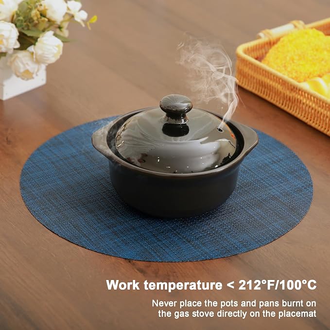 15 Inch Round Placemats Set of 8, Washable Vinyl Woven Place Mats | Heat Resistant Non-Slip Braided Table Mats for Dining Table Kitchen Indoor & Outdoor Use (Dark Blue, Set of 8)