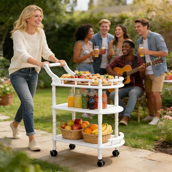 Entertainment Kitchen Cart, Midcentury Modern Imported rubberwood White Finished Wood 3-Tier Mobile Bar Cart Serving Cart