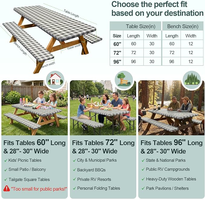 Picnic Table Cover with Bench Covers Camping Essentials Waterproof Windproof Camping Tablecloth with Drawstring Bag, Fitted Rectangle Tables and Seats, 72in, Gray White