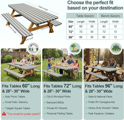 Picnic Table Cover with Bench Covers Camping Essentials Waterproof Windproof Camping Tablecloth with Drawstring Bag, Fitted Rectangle Tables and Seats, 72in, Gray White