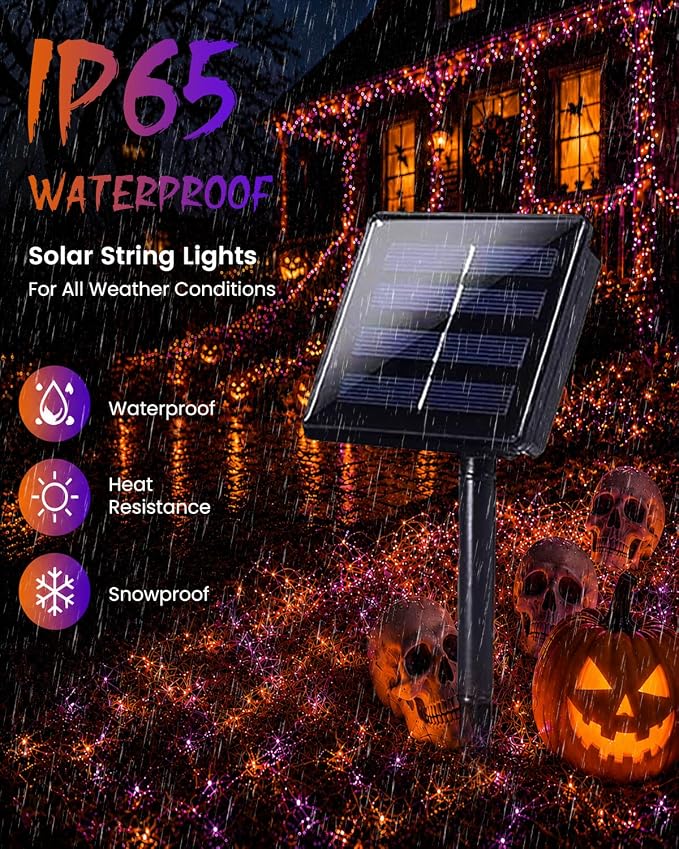 Solar Halloween String Lights Outdoor, 2 Pack 80 FT 200 LED Fairy Lights | Purple and Orange, 8 Modes, Auto On/Off, Waterproof Copper Wire Twinkle Lights for Garden Tree Patio Halloween Decorations